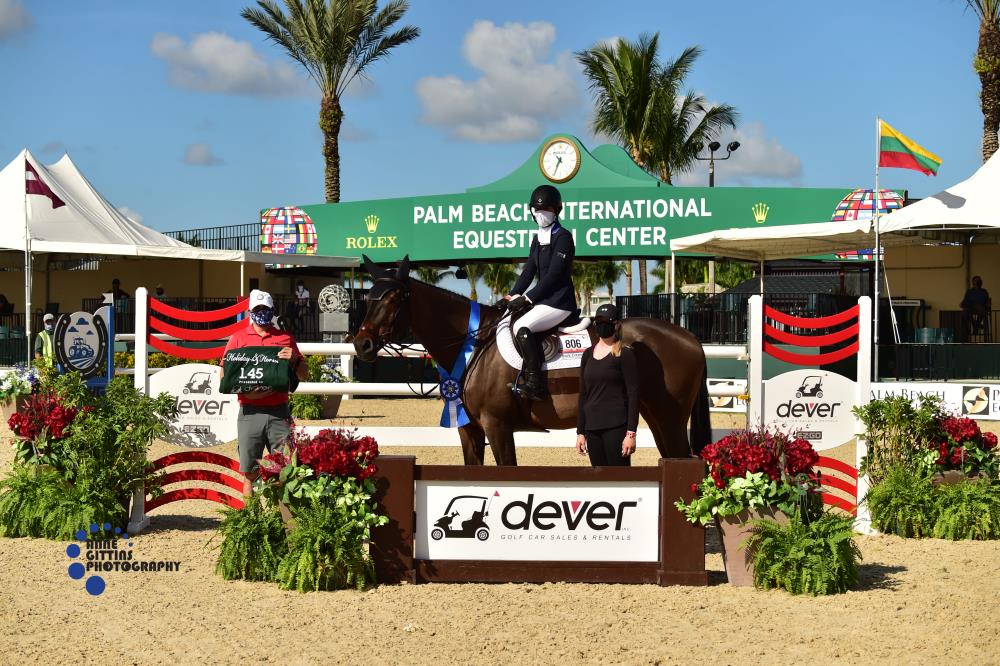 Sydney Shulman and Ardente Printaniere, pictured with Tony Navolio, Wellington Manager of Dever Golf Cars, won the $37,000 Dever Golf Cars 1.45m Speed CSI4*  ©Anne Gittins Photography