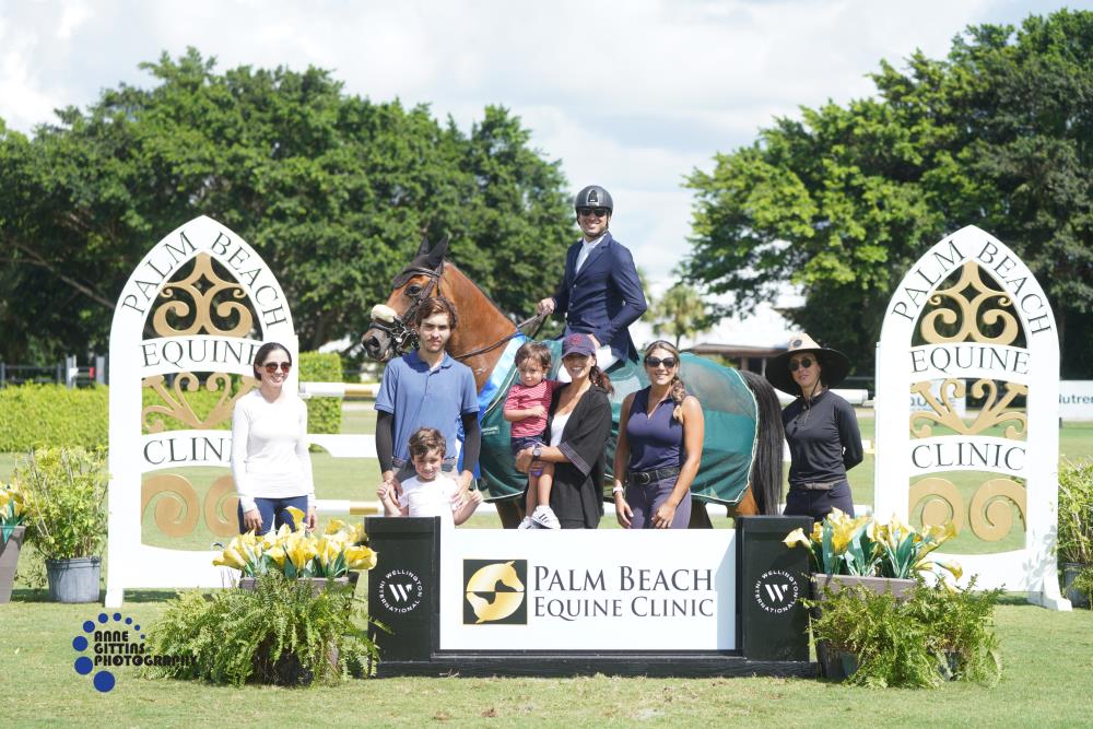 Luiz Francisco de Azevedo and Collin won the $25,000 Palm Beach Equine Clinic Grand Prix. Pictured with Dr. Laura Hutton and company. ©Anne Gittins Photography