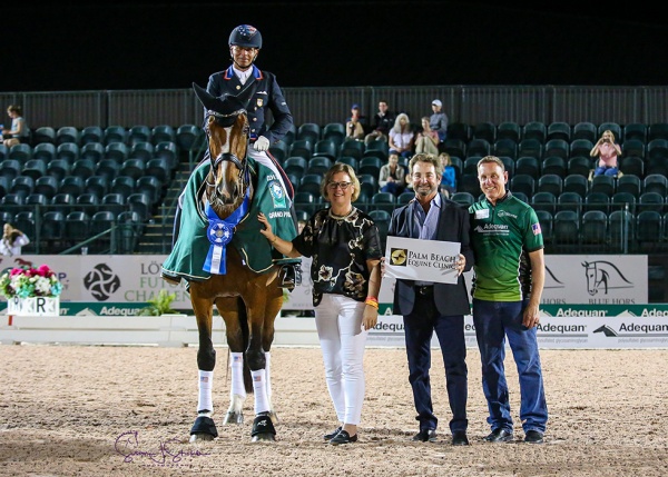Steffen Peters with judge at C Mariette Sanders, the president of Palm Beach Equine Clinic Dr Scott Swerdlin and Adequan®'s Allyn Mann. ©️Susan Stickle.
